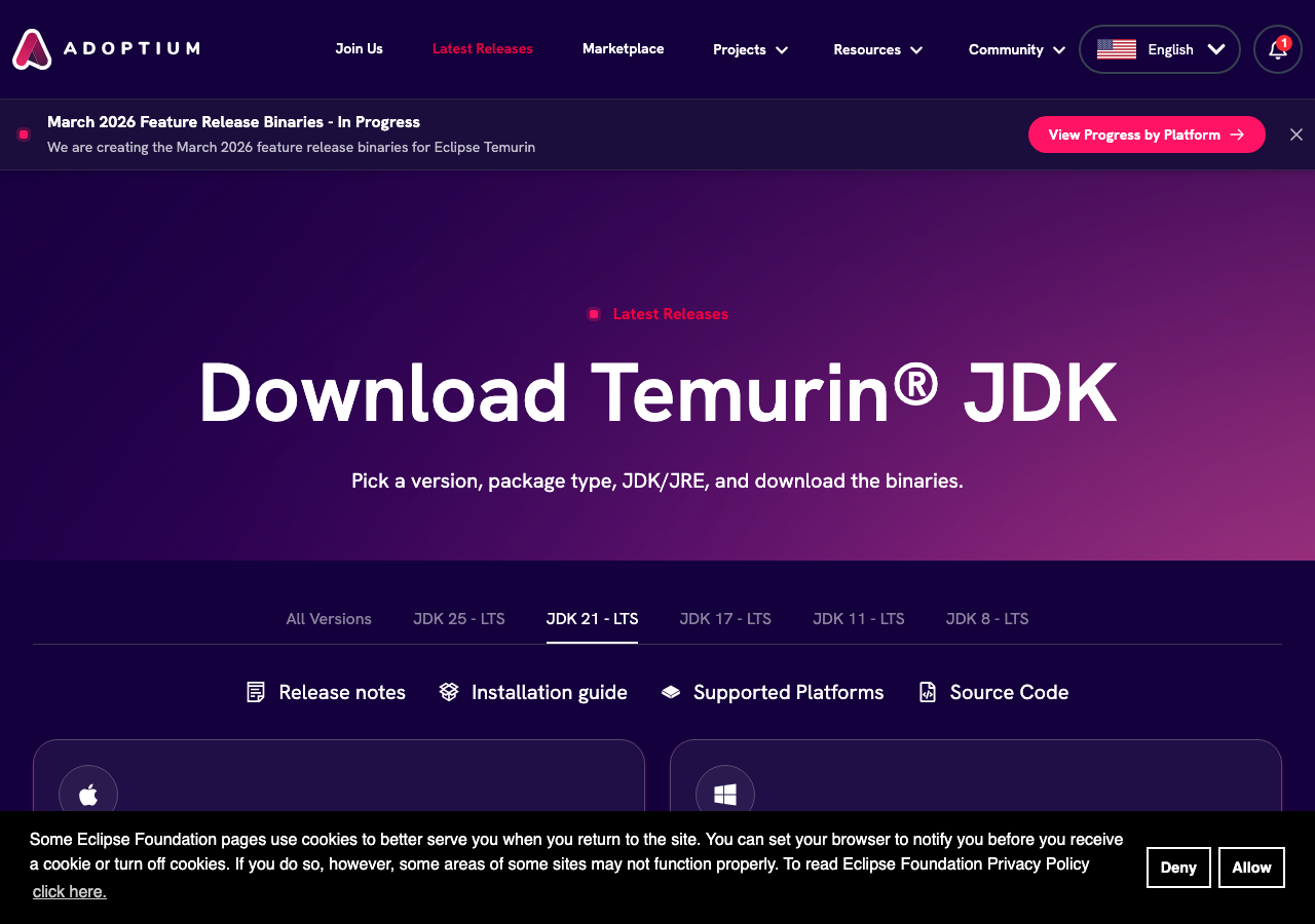 Adoptium の JDK 21 ダウンロードページ。「JDK 21 - LTS」タブが選ばれており、macOS・Windows・Linux 向けのダウンロードカードが表示されている。