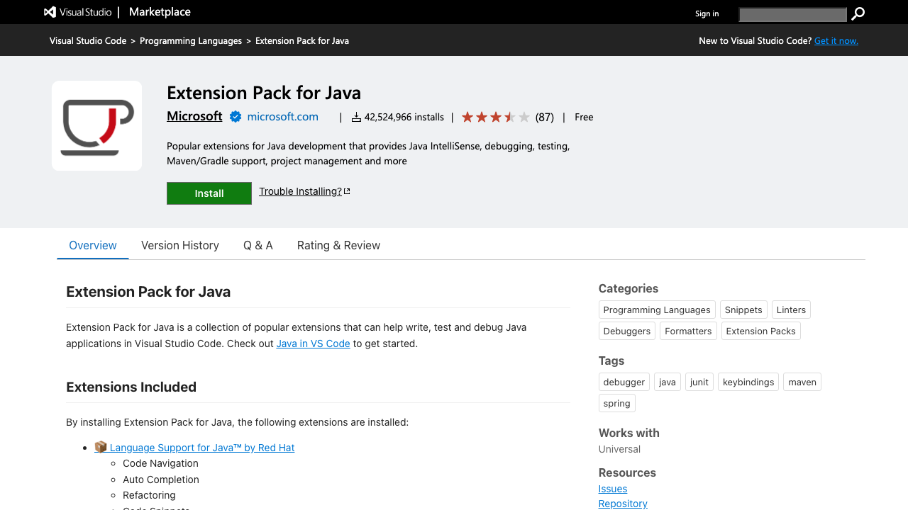 VS Code Marketplace の Extension Pack for Java ページ。Microsoft 製の拡張機能で、Java の開発・デバッグ・テスト・プロジェクト管理ツールが含まれることが説明されている。